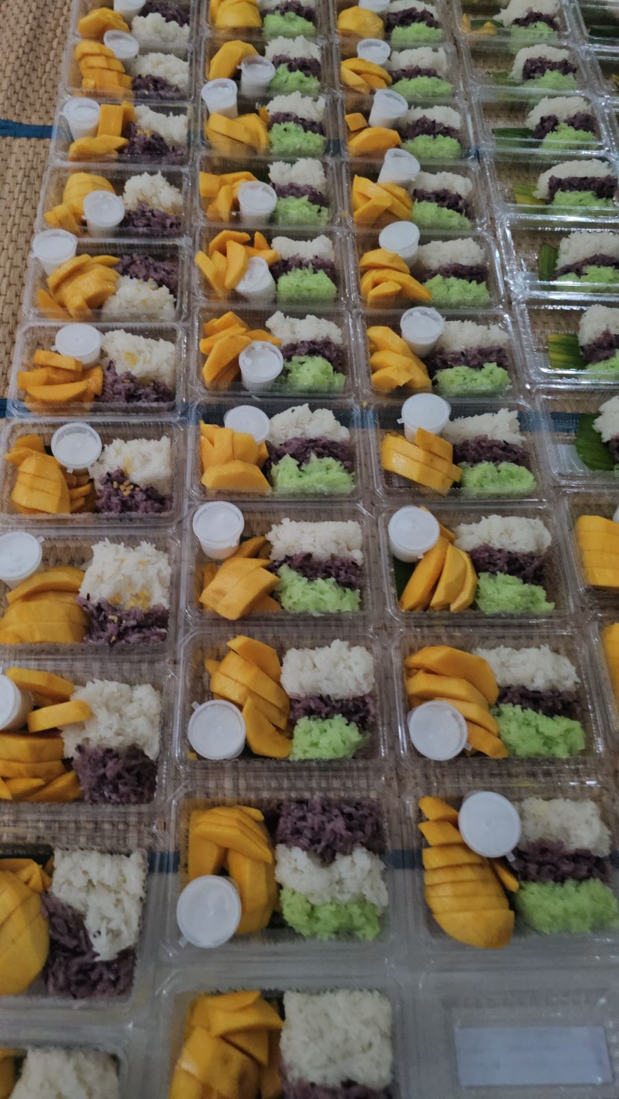 A large catering order of mango sticky rice being prepared for an event in Kuala Lumpur.